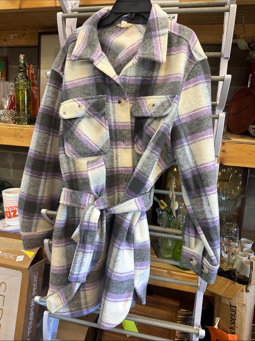 Terra & Sky Purple, Gray & Cream Plaid Belted Shacket